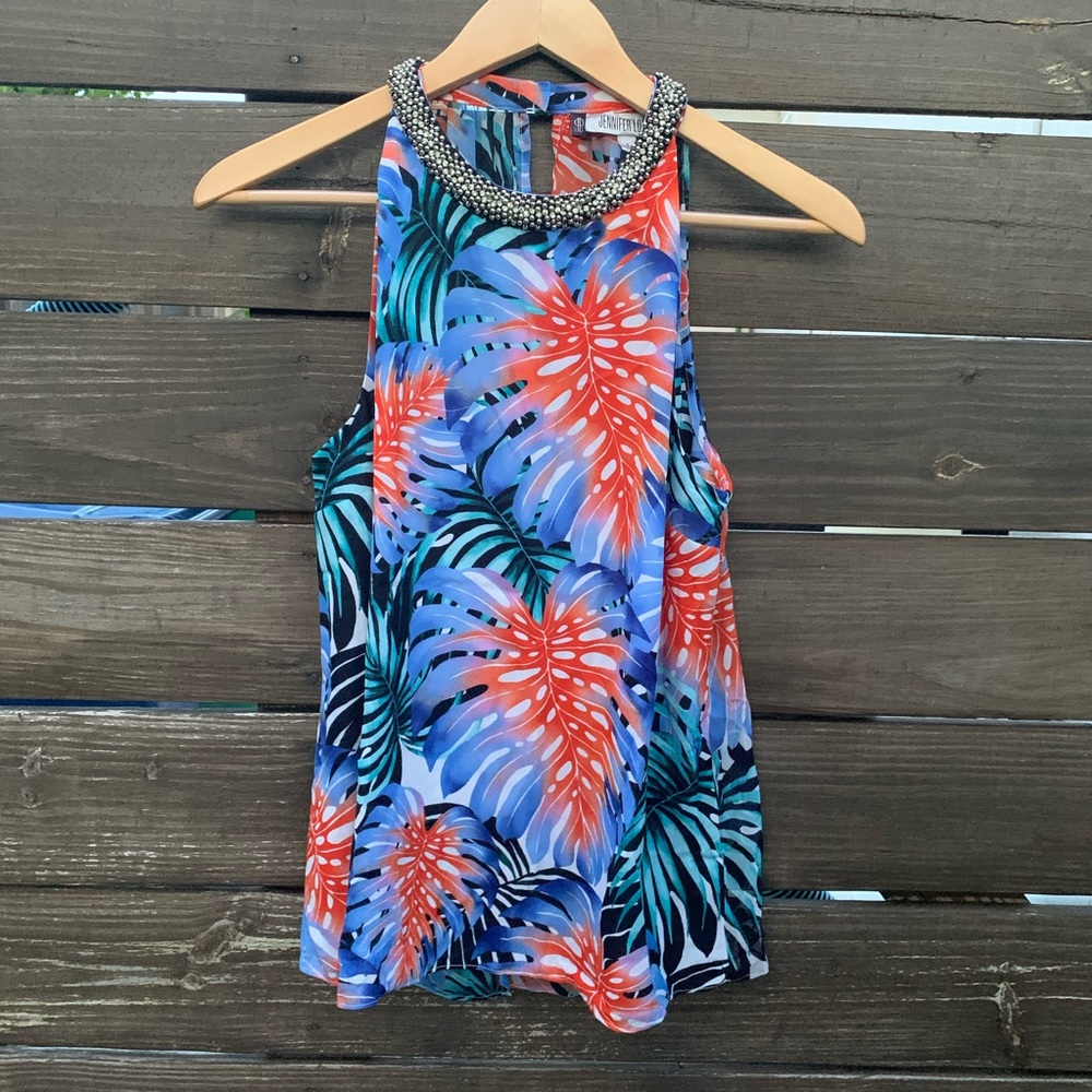 Tropical swing blouse with studded neckline